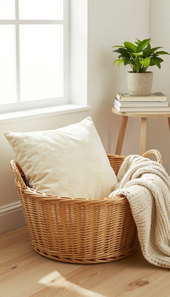 Wicker basket dog bed with plush cushion and blanket in a bright, cozy living room