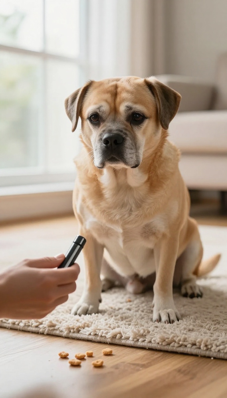 Senior dog clicker training session at home