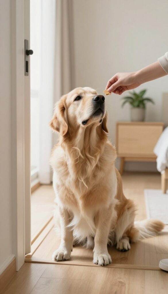 A dog sitting calmly by the front door during a training session, with a person offering a treat, in a bright home interior.