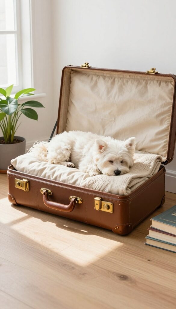 Upcycled vintage suitcase dog bed with a cushion and a sleeping white dog in a bright living room.