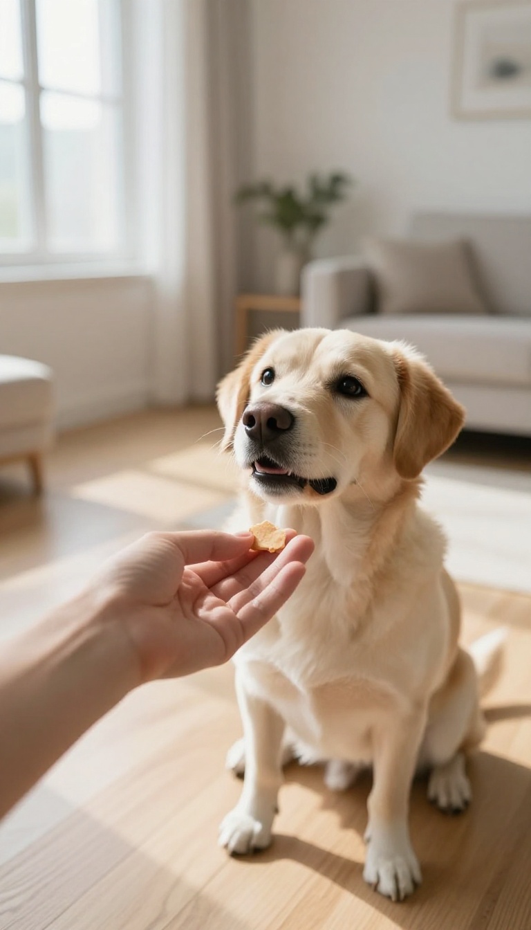 A dog being trained to speak on command, looking up at a treat held by a person's hand in a bright, cozy room.