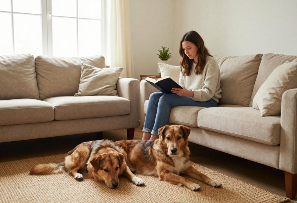 Dog settling calmly on a mat in a cozy living room during evening