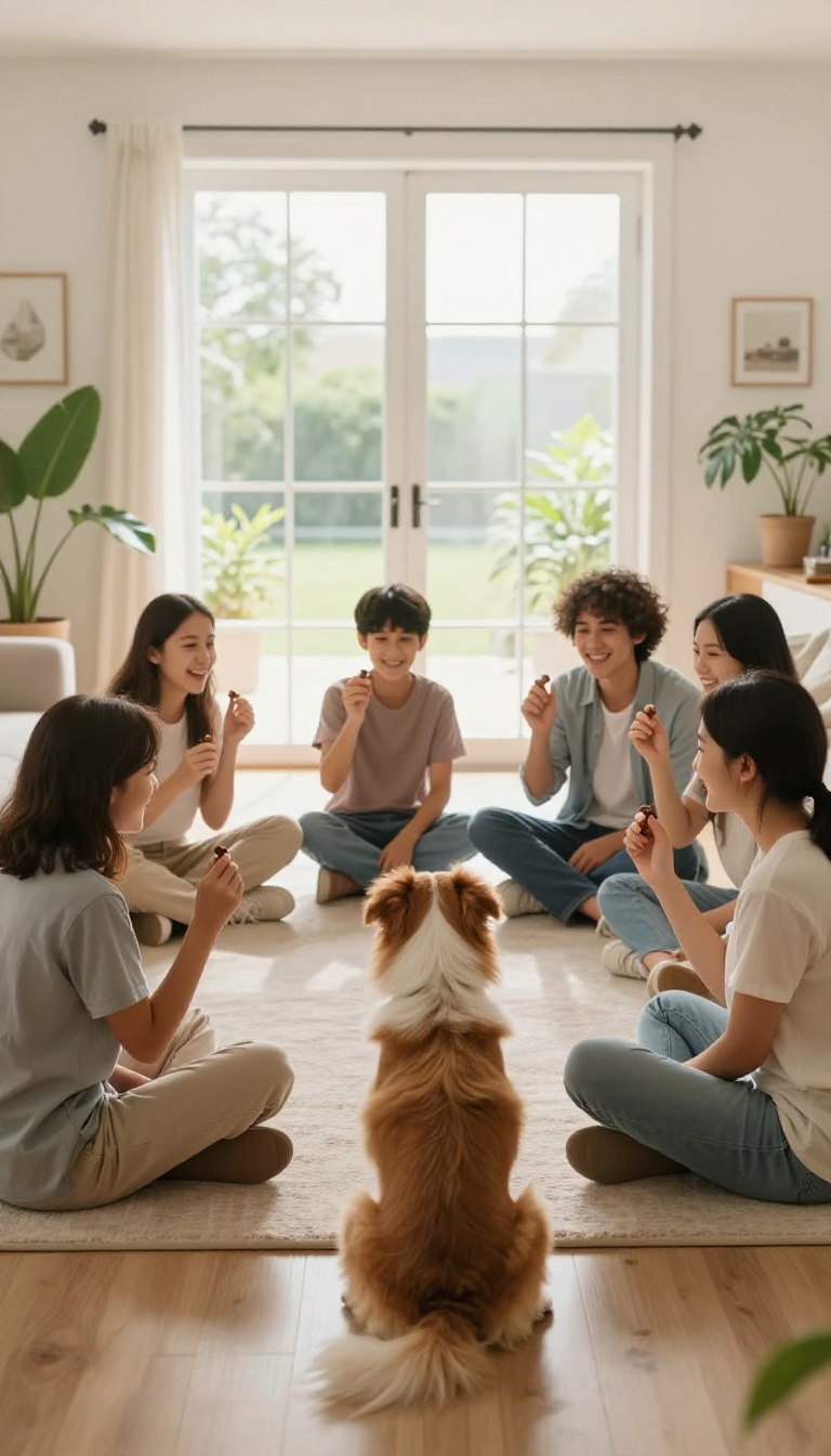 Family training dog together with consistent commands and treats in a bright living room
