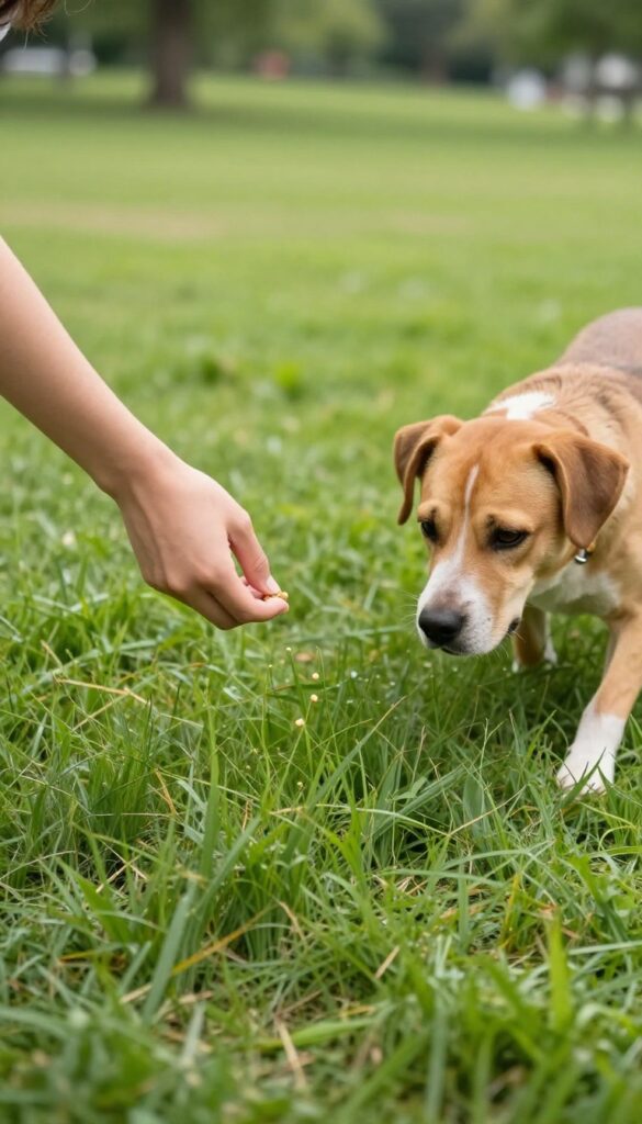 A person tossing a treat into the grass while a dog watches, ready to play the Find It scent game.