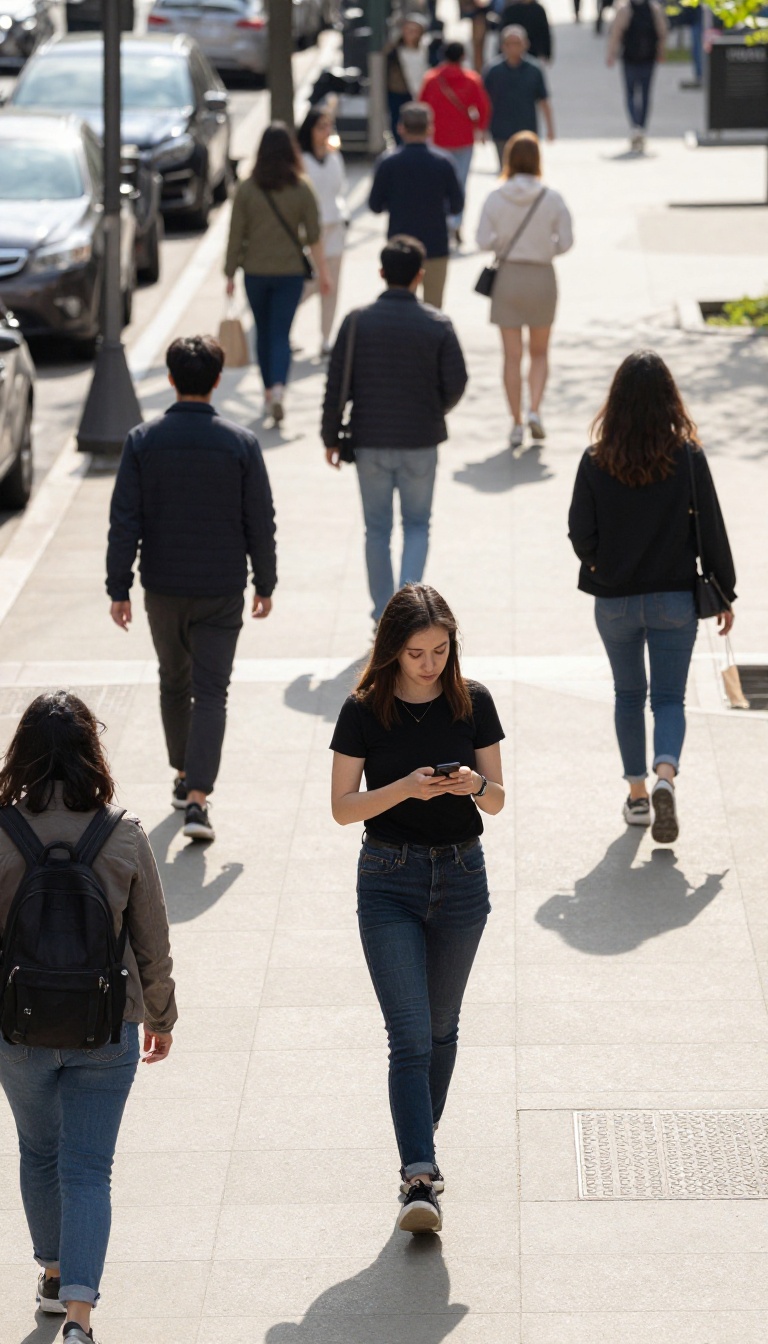 A person looking up from their phone while walking on a busy sidewalk, surrounded by a smoothly moving crowd.