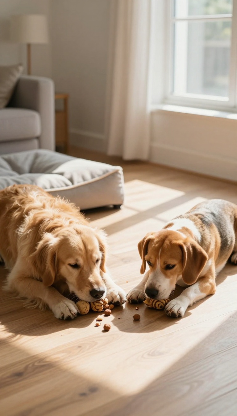 Two dogs lying calmly on their beds with treats scattered nearby in a bright living room