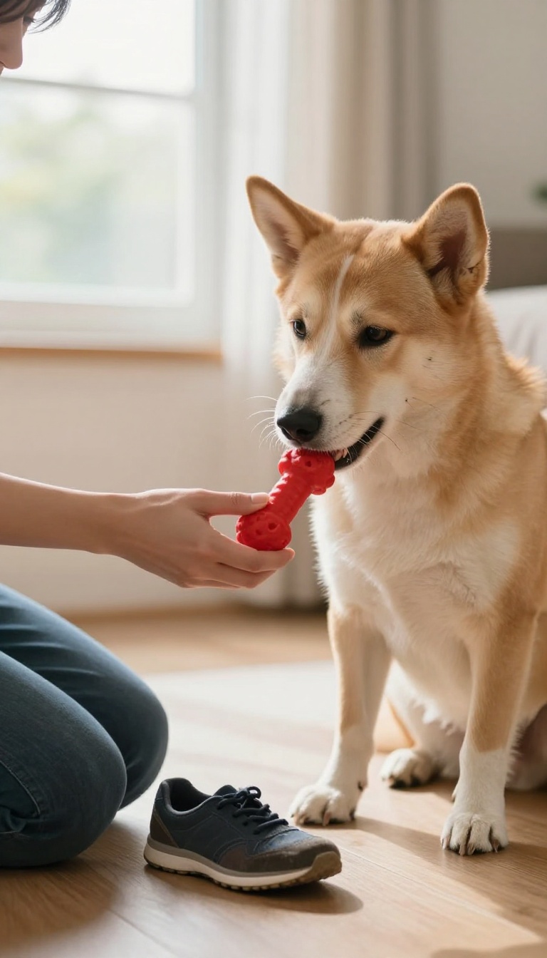 Person redirecting a dog's attention from a chewed shoe to a chew toy in a bright living room