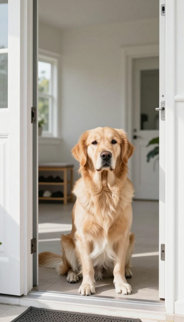 A calm dog sitting by the front door, waiting politely as a guest enters.