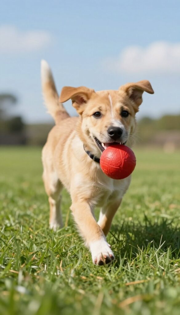 A puppy running energetically in a sunny backyard with a ball in its mouth.