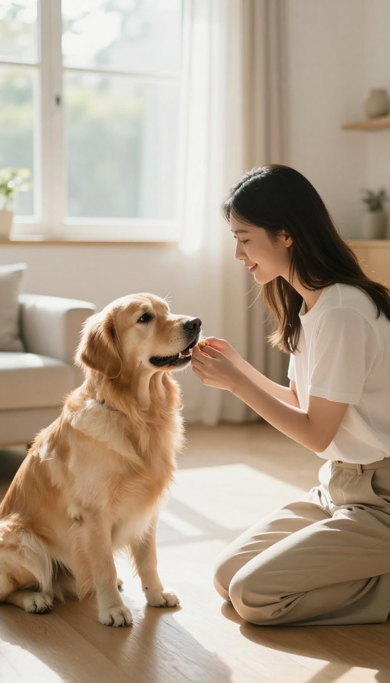 Dog and owner practicing eye contact during a training session in a bright living room