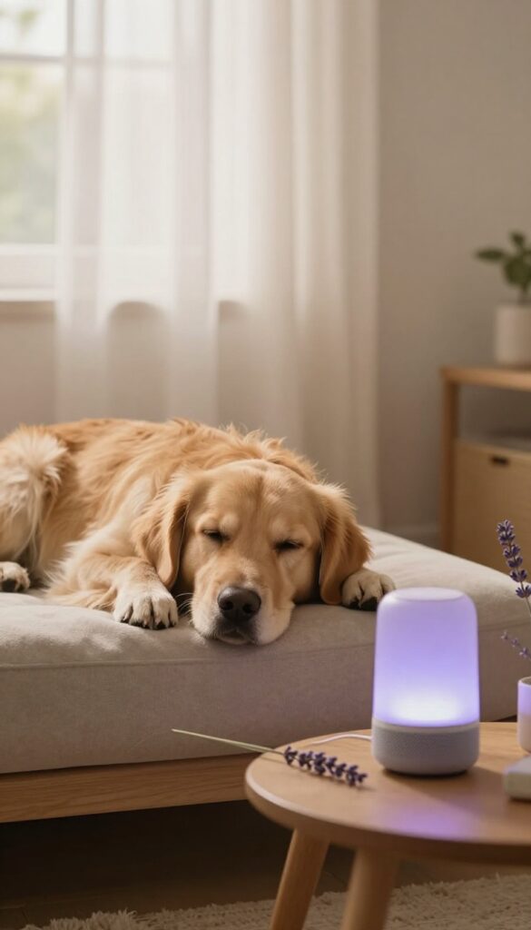 Calm golden retriever relaxing on a bed with lavender and soft music in a cozy living room