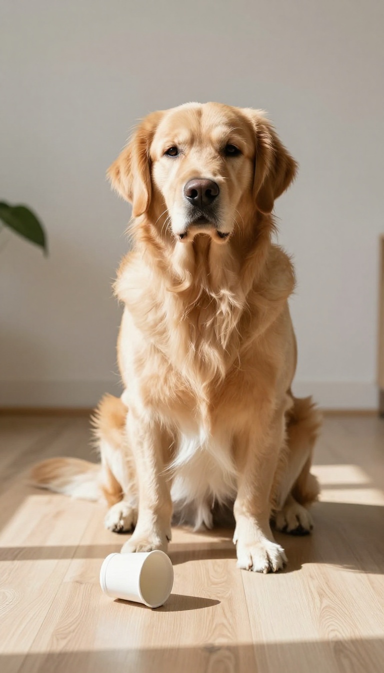 Dog sitting calmly next to an overturned cup hiding a treat, in a bright room with natural light.