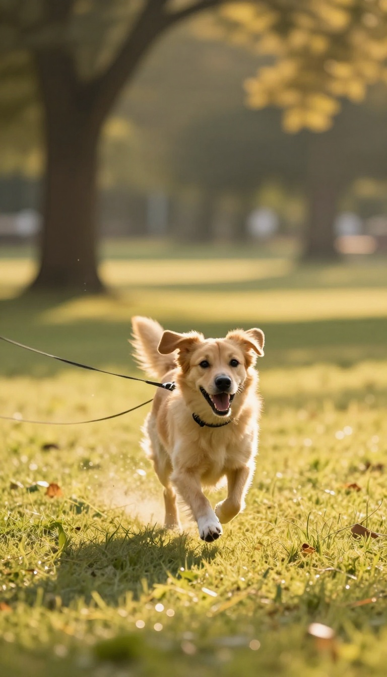 A dog running energetically in a sunlit park, illustrating the benefits of increased physical exercise for reducing destructive digging behavior.
