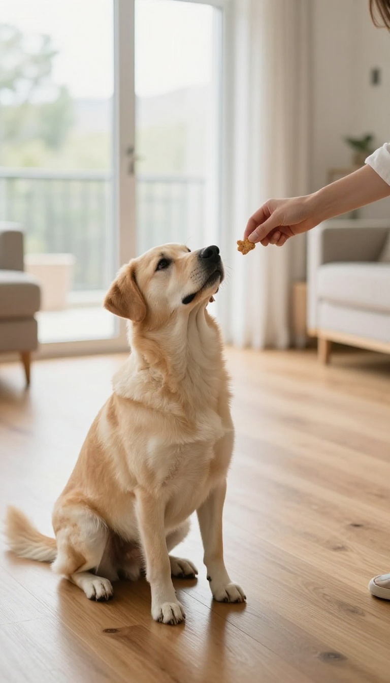 A dog sitting calmly with all four paws on the floor, receiving a treat from a person in a bright living room, illustrating polite greeting behavior.