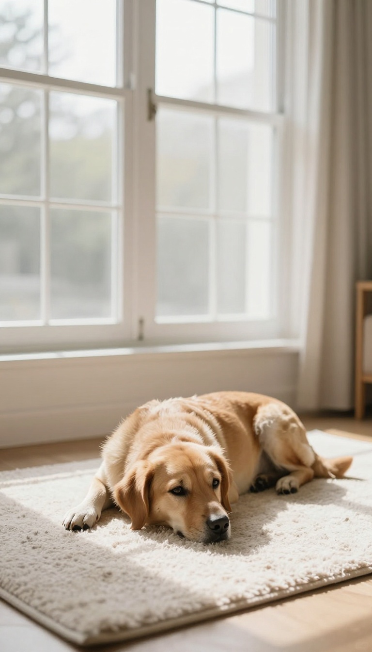 Dog lying down on a mat in a calm living room, demonstrating the place command settle