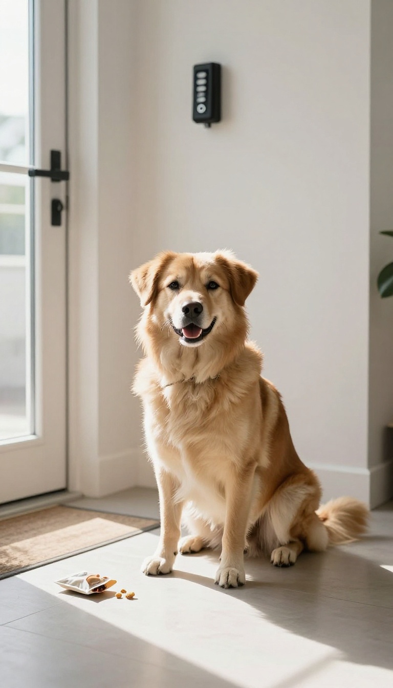 Calm dog sitting by the front door during doorbell desensitization training