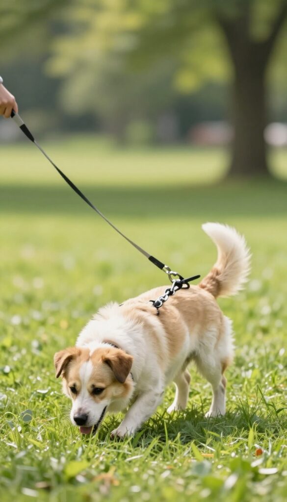 Calm dog sniffing grass during a structured walk in a sunny park