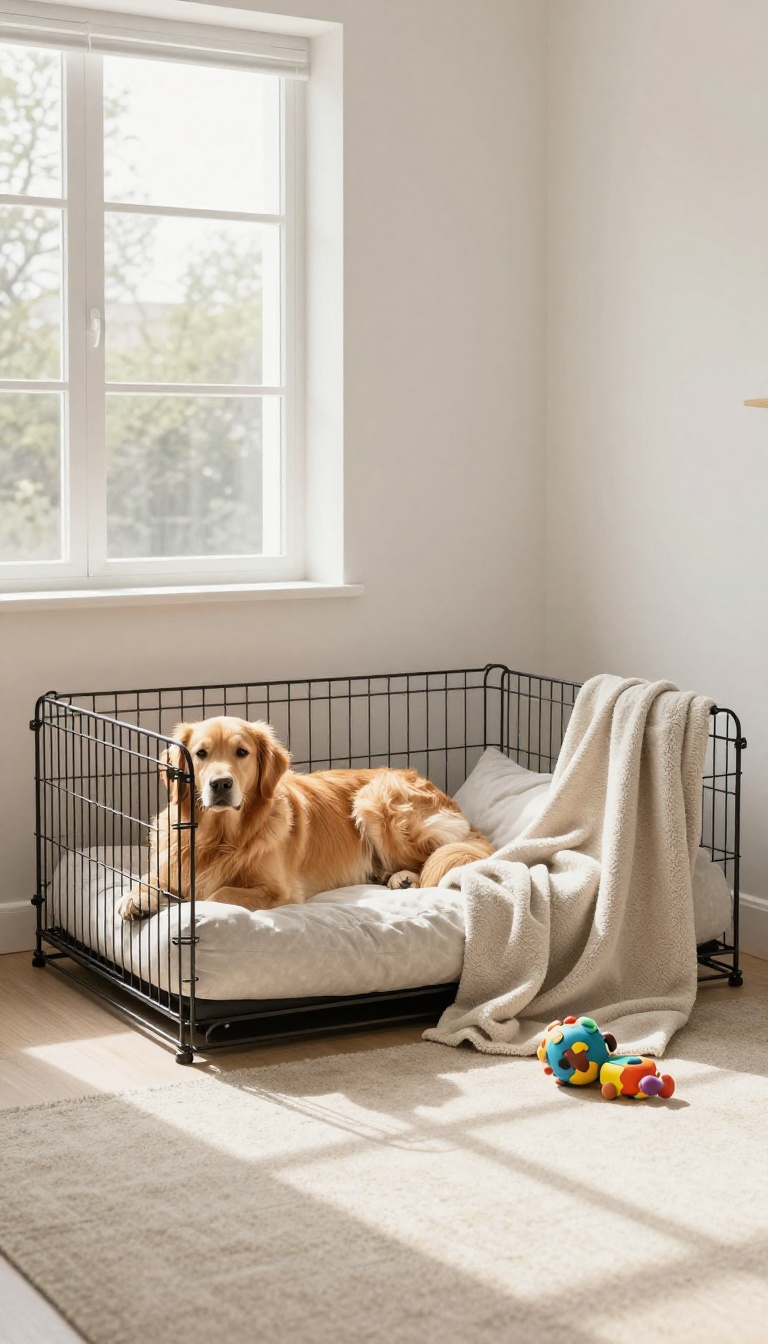 Dog relaxing in a cozy crate with a puzzle toy in a bright apartment corner