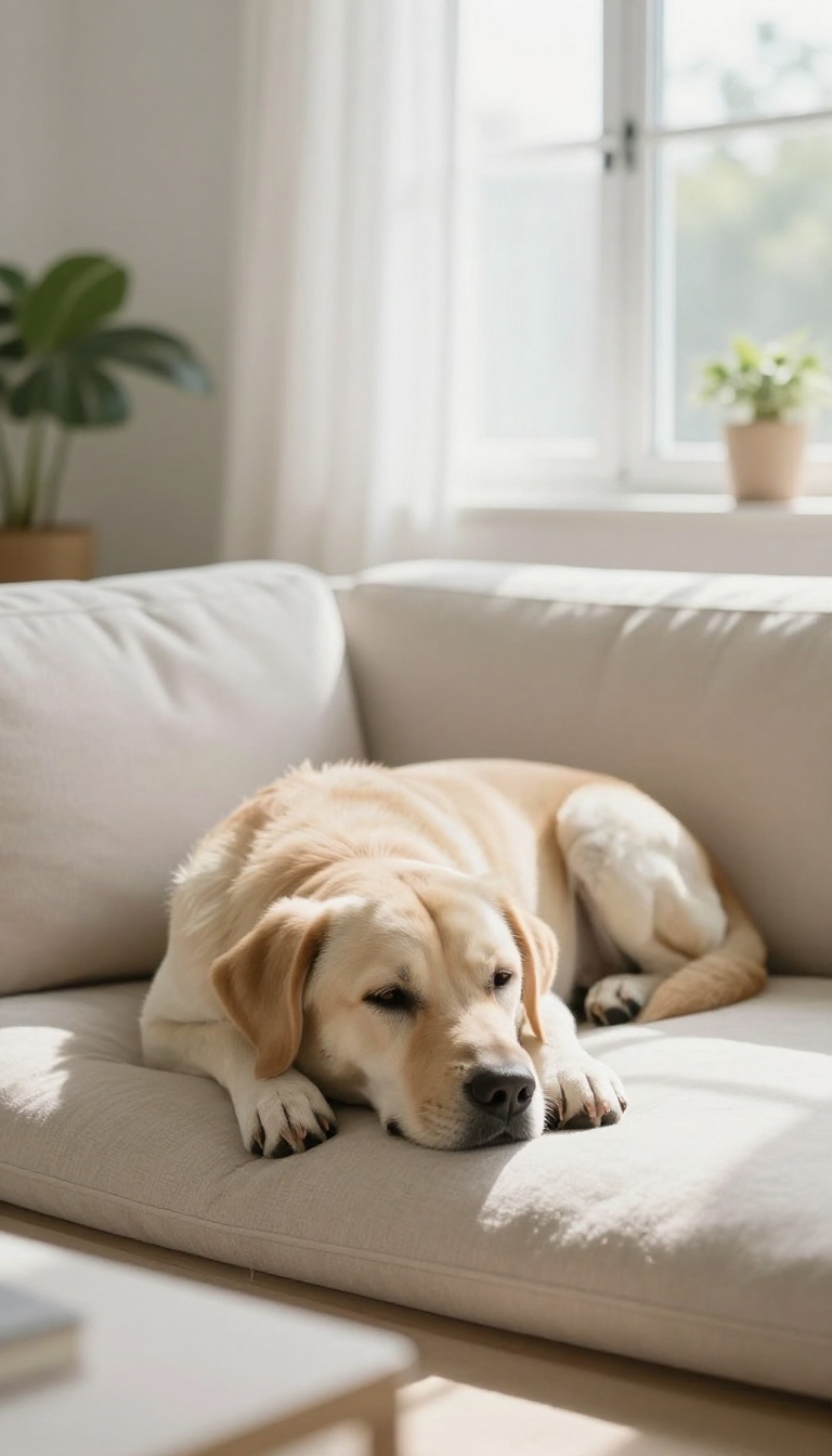 A calm dog lying down in a bright living room, demonstrating a settle cue