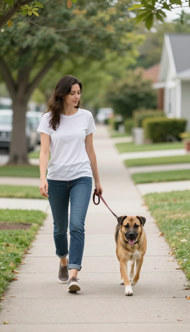 Person and dog walking calmly on a leash, demonstrating consistent loose-leash walking.