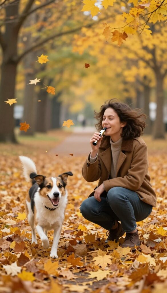 Person blowing a whistle as a dog runs through autumn leaves