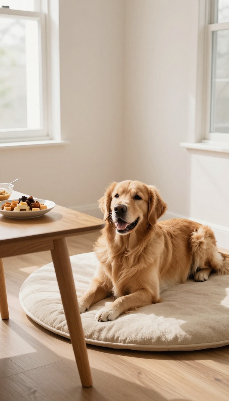 A dog lying calmly on a mat near a dining table during a meal, illustrating the placemat command for training.