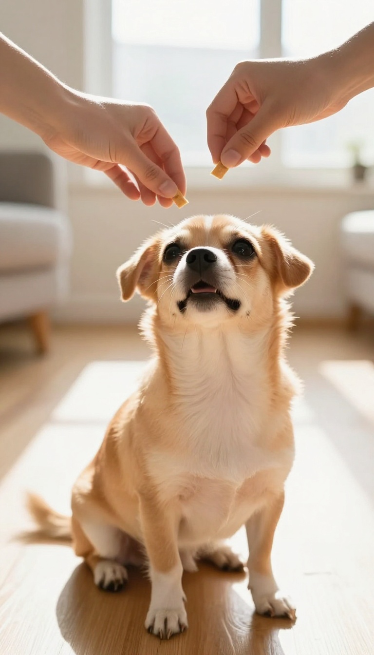 Small dog looking up at a treat held by a hand, positive reinforcement training scene