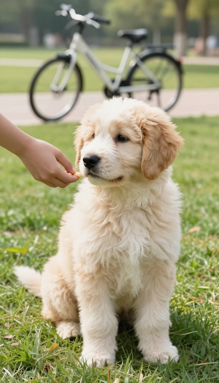 Puppy calmly looking at a distant distraction while being rewarded with a treat during the 'Look at That' game.