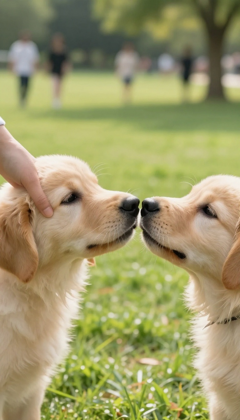 A person offering an open palm to a puppy for a touch cue in a sunny park, with the puppy touching its nose to the hand.