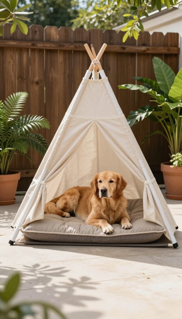 Dog relaxing on a bed inside a shade-cloth fort on a sunny patio