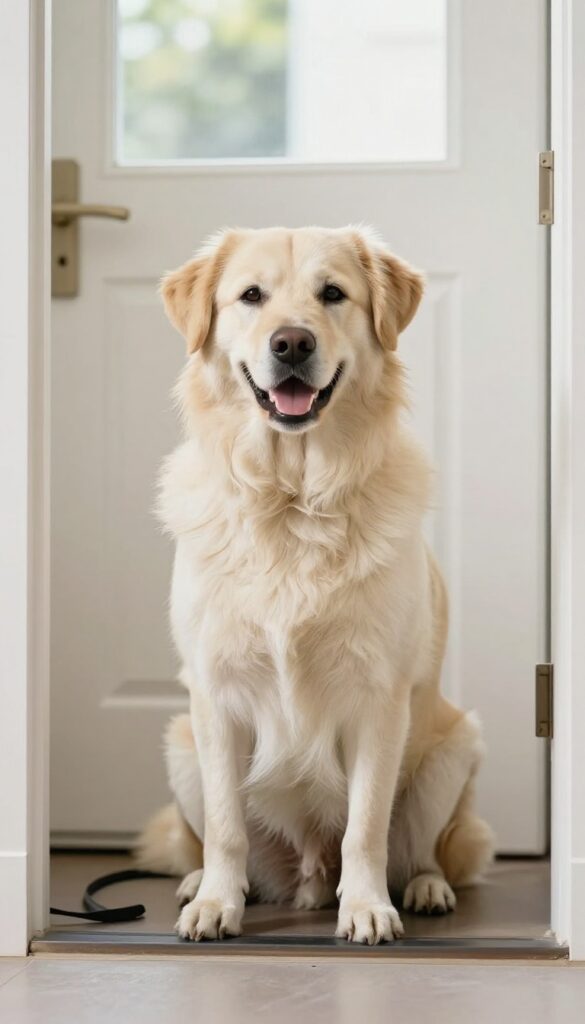 Calm dog greeting visitor at door