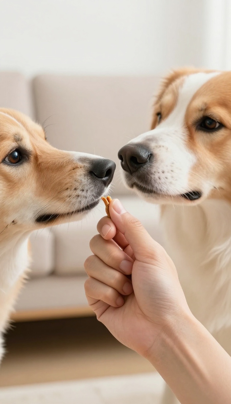 A dog learning the 'leave it' command with a closed fist drill, looking away from the treat and making eye contact with the owner.