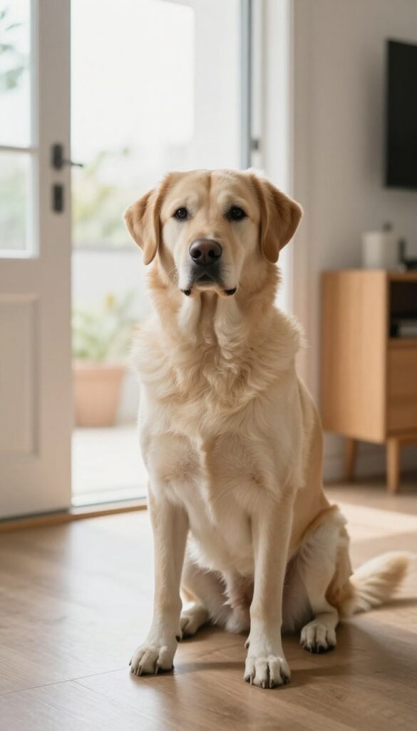 Calm dog sitting politely at the door as a guest enters, illustrating reward-based training.