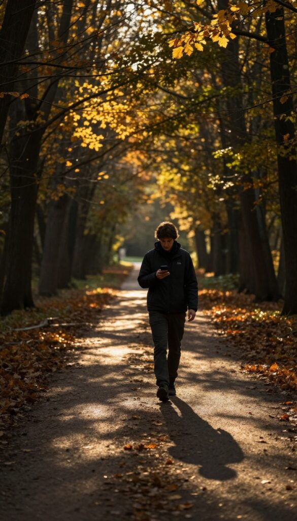 Person walking on an autumn path while looking at a phone in low light, highlighting distraction.