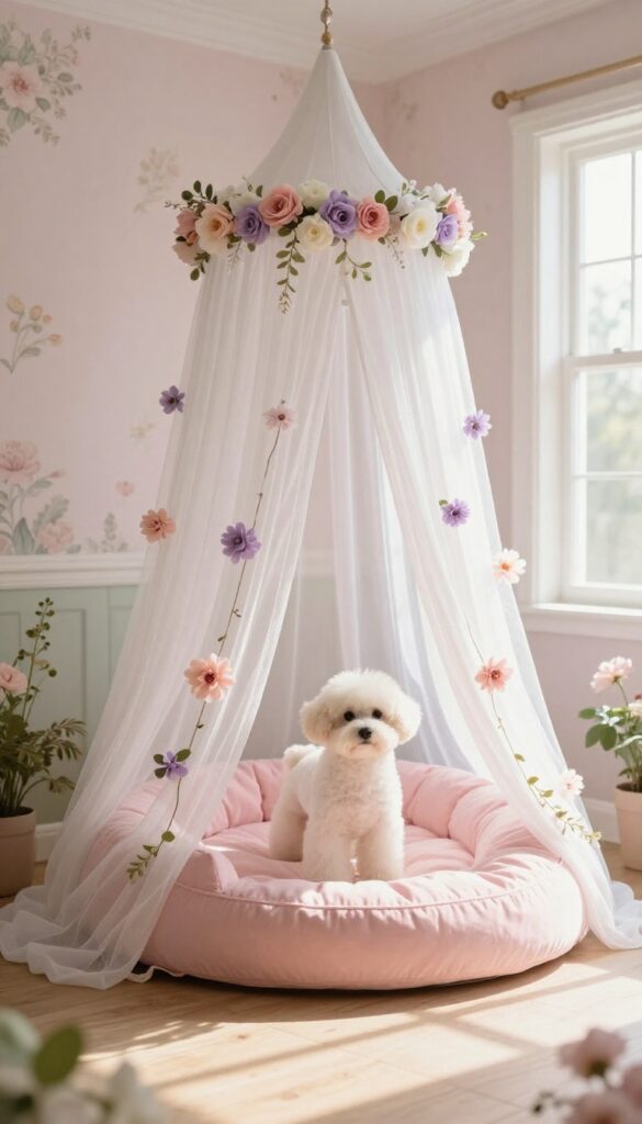 A luxurious dog canopy bed with floral accents in a princess-themed room, featuring a white canopy draped with pastel flowers and a plush pink bed, set in a bright, airy space with soft natural light.