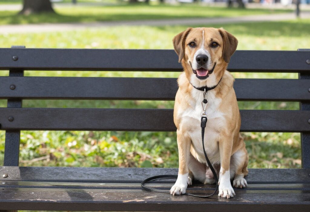Well-behaved dog sitting calmly next to owner on a park bench