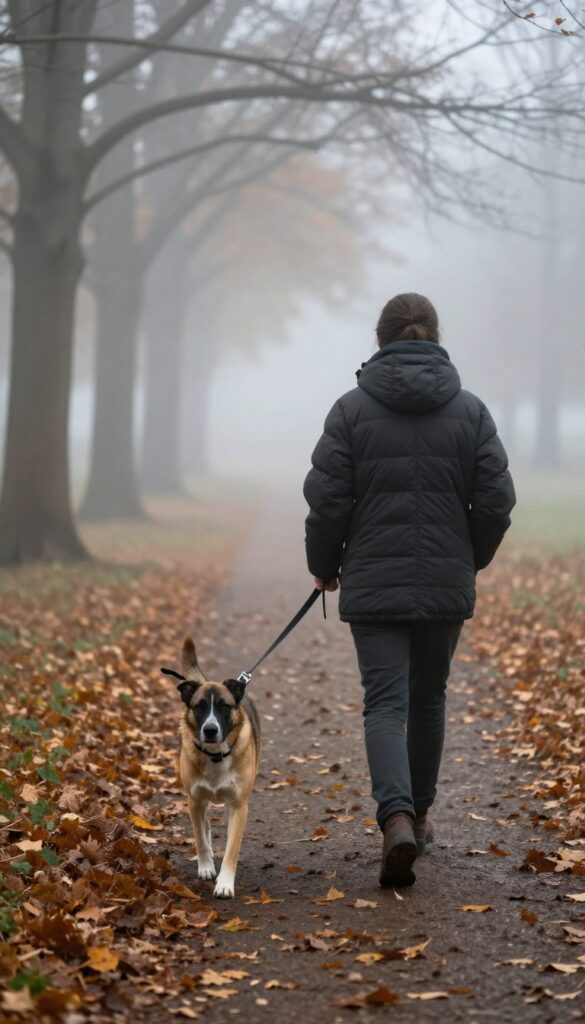 Person walking a dog on a short leash in foggy autumn park, emphasizing safety in low visibility