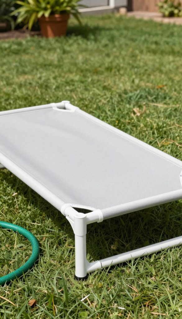 DIY PVC frame elevated dog bed on a sunny lawn with a gray canvas surface.
