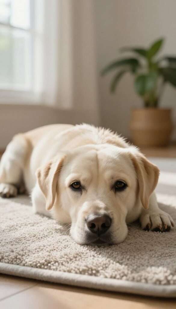 A calm dog on a mat making eye contact in a bright living room
