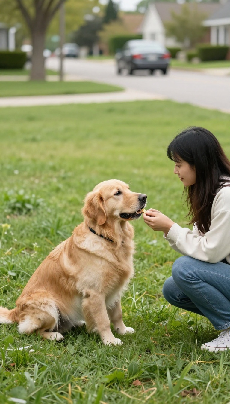 Dog calmly sitting at a safe distance from a passing car, receiving a treat from its owner during a training session.