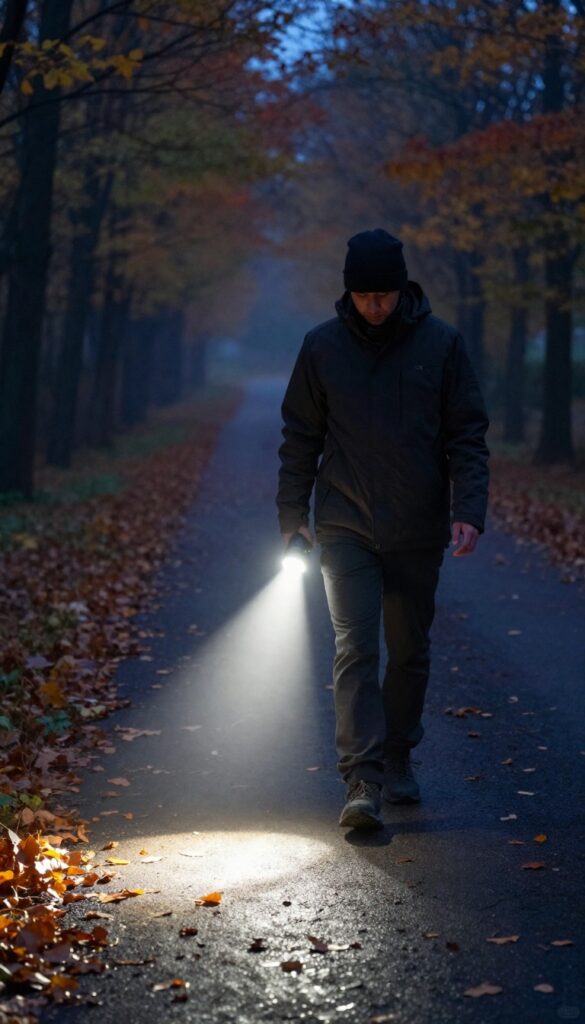 Person walking on an autumn path at dusk using a headlamp angled downward to light the way