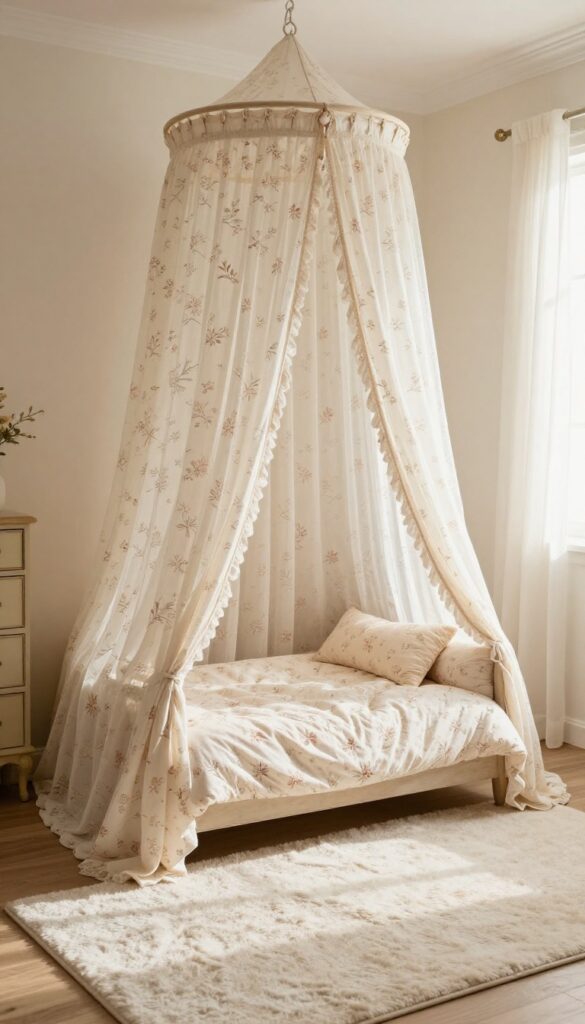 Upcycled curtain canopy over a dog bed in a vintage princess-themed room