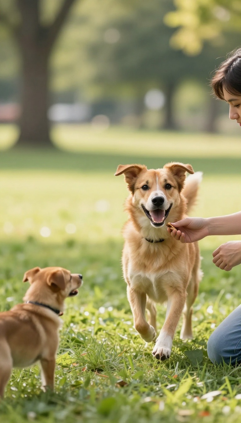 A dog running to its owner in a park during a recall training session