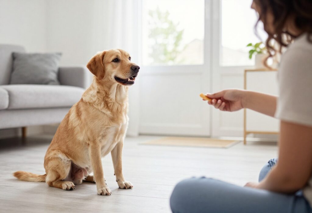 Dog sitting calmly while a guest enters the front door
