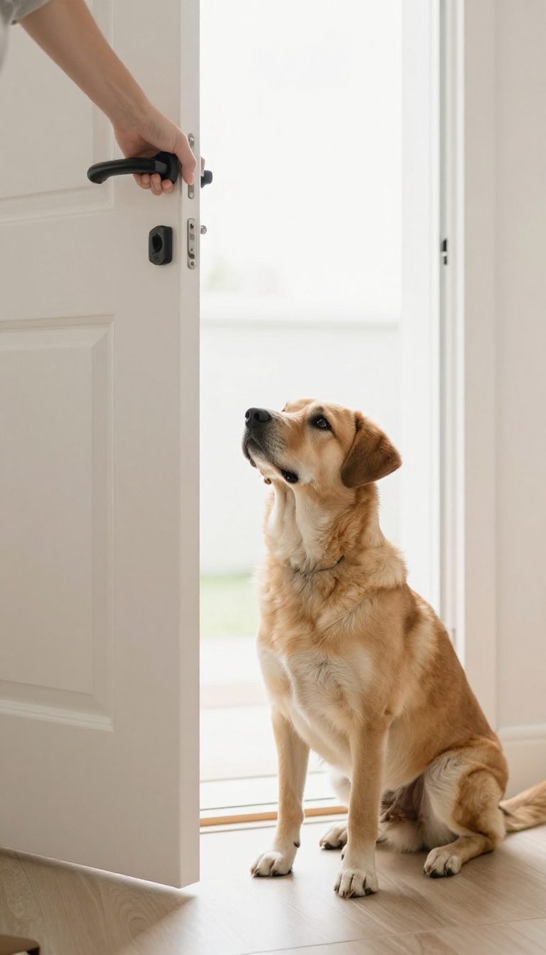 Dog sitting and waiting at an open doorway during a training exercise