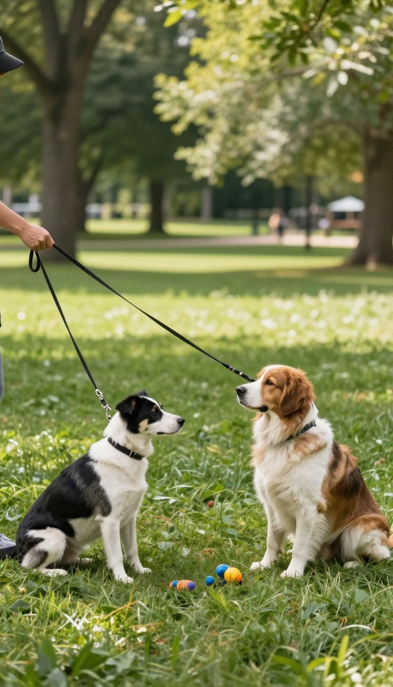 Dog training in a park with a long leash, dog sitting at a distance looking at the trainer, bright natural light, no text.