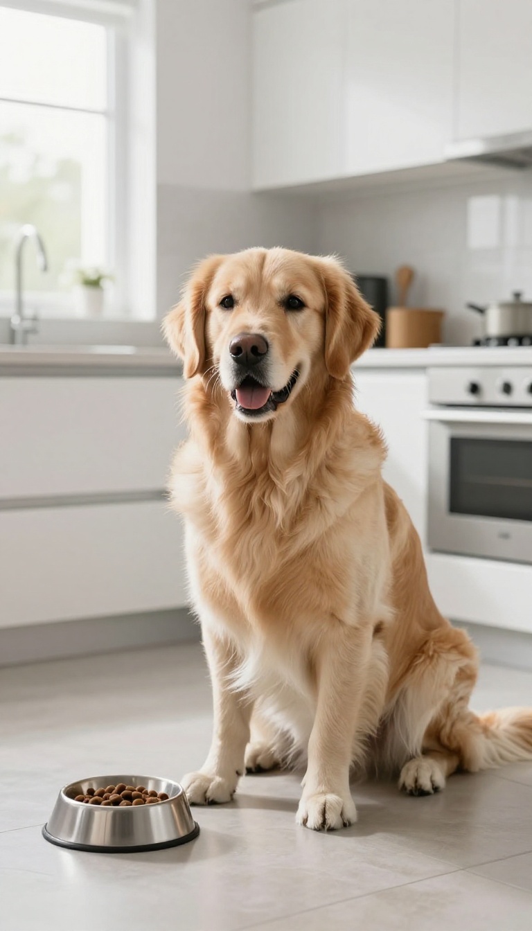 A content dog sitting next to an empty food bowl in a bright kitchen, waiting for its scheduled meal.
