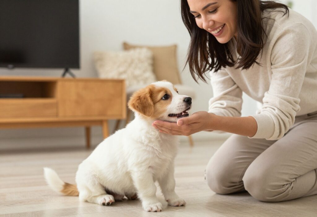 Puppy sitting calmly while being petted by a person