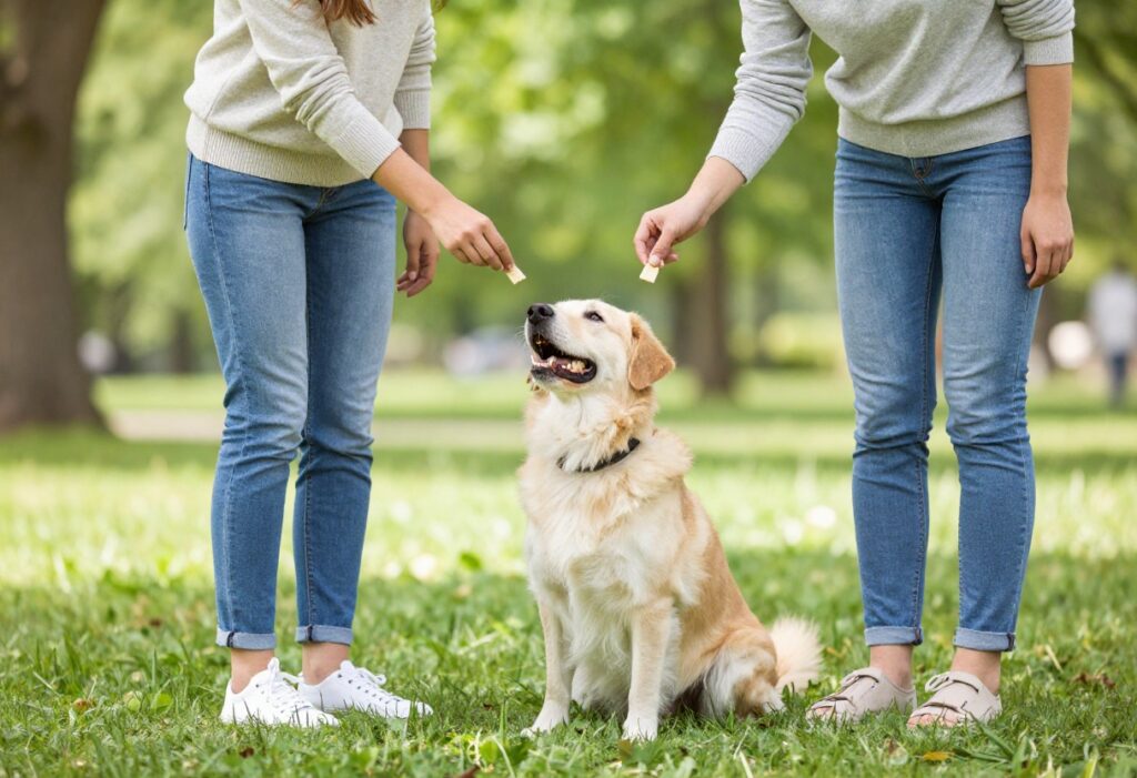 Dog sitting in a stay position while owner gives a hand signal in a park