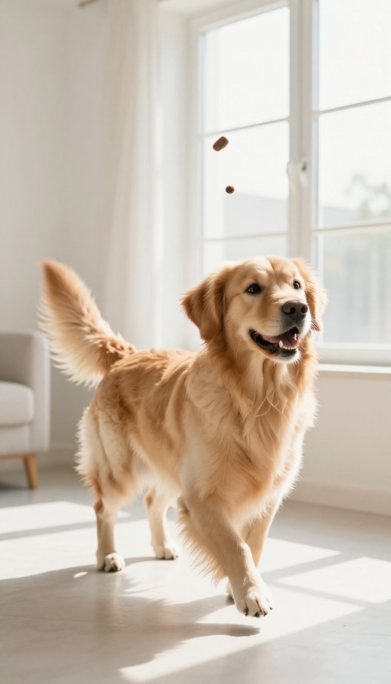 A dog playfully chasing a tossed treat in a bright living room, looking back with excitement.